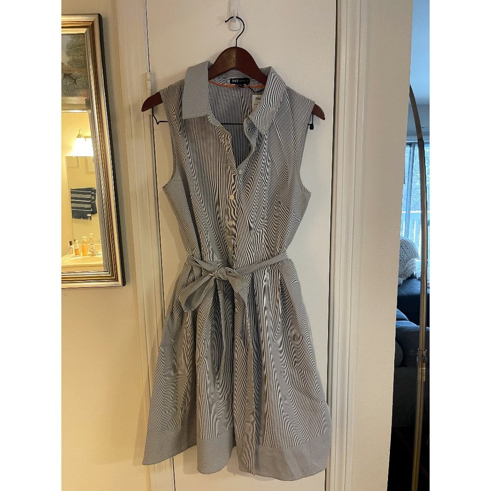 Jones New York  Grey/White Pin Striped Sleeveless Fit Flare Dress (14)
